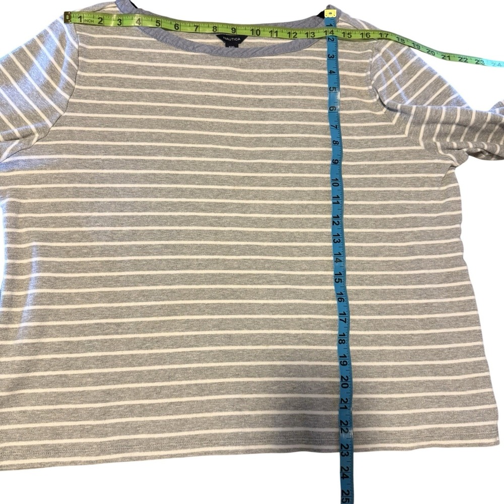 Nautica Womens XXL Grey White Striped 3/4 Sleeve Boat Neck Top Contrast Trim - Picture 7 of 7